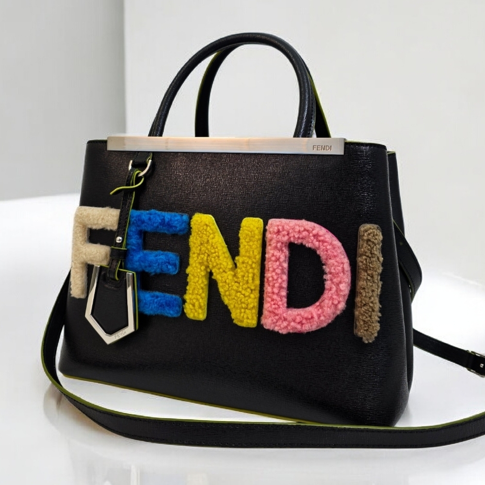 Fendi 2Jours Black Leather Tote Crossbody Bag Multicolor Shearling Logo - Picture 14 of 16
